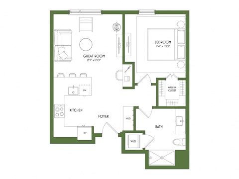 Floor plan for 1 bed, 1 bath, 705 sqft